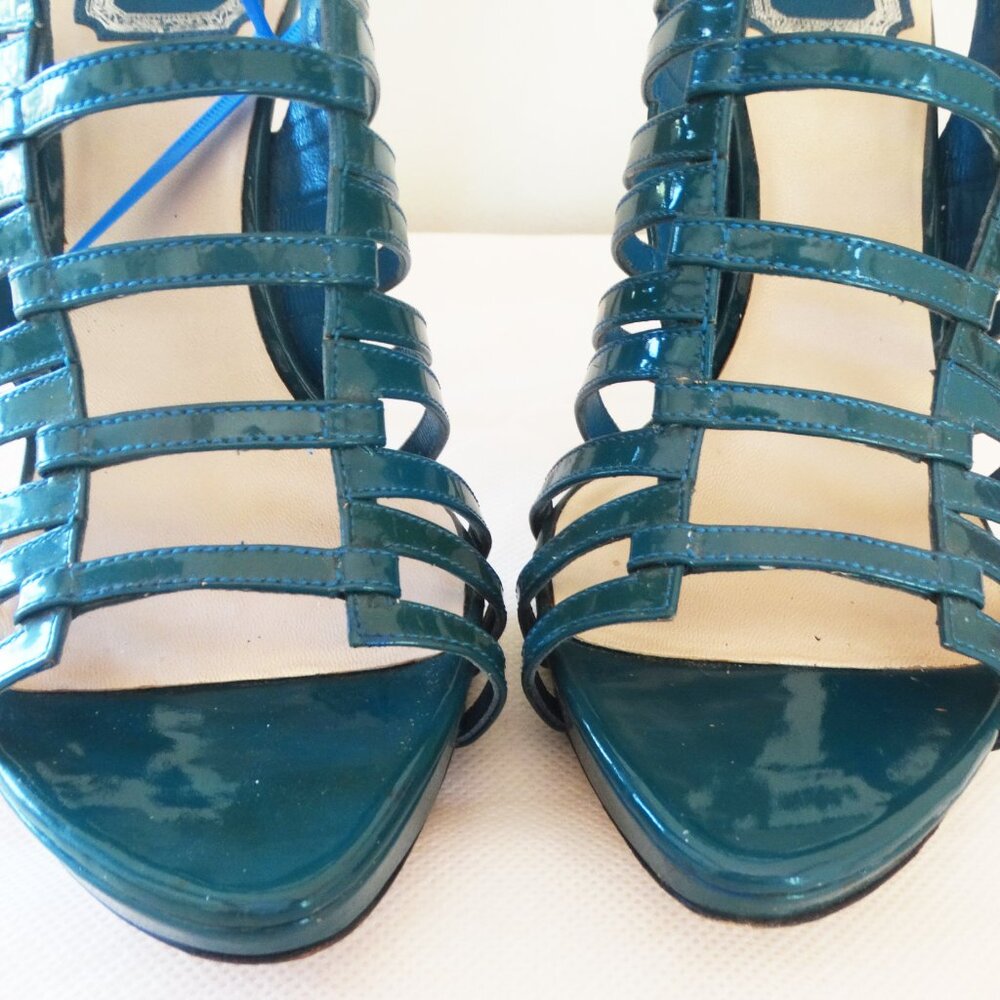 Christian DIOR 39/8.5 US, stiletto 4.5" heel ITALY cage Sandals Glossy Teal - Picture 6 of 13